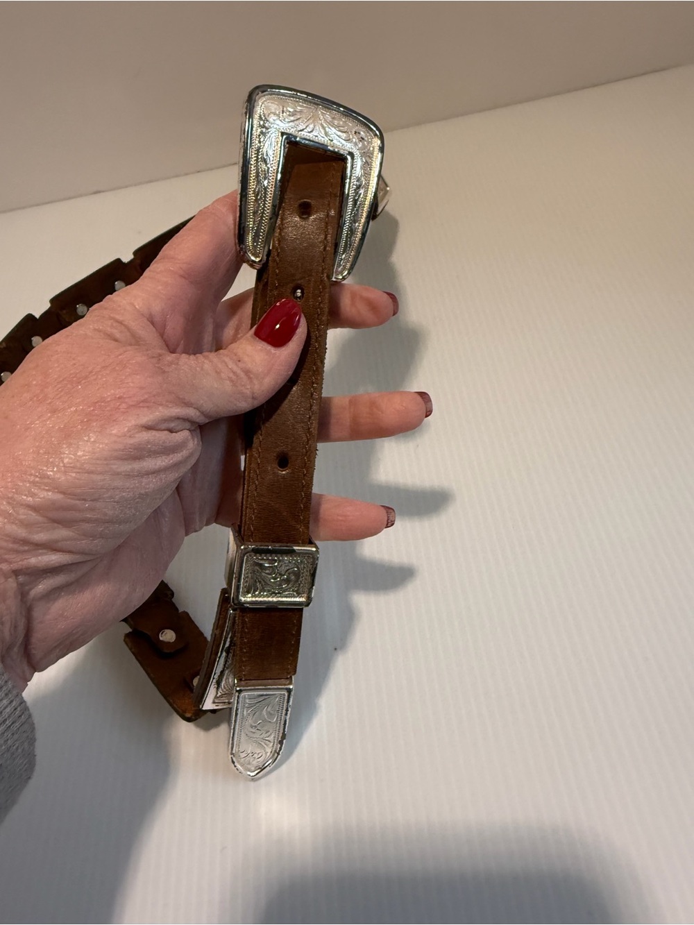 Vintage Western Ranger Belt Size 34 Brown Leather Silver Segment Plaque Concho